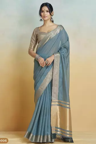 blue handloom khadi silk blend zari woven saree with blouse piece