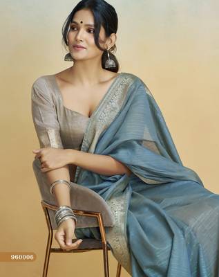 blue handloom khadi silk blend zari woven saree with blouse piece 2