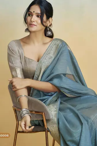 blue handloom khadi silk blend zari woven saree with blouse piece