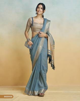 blue handloom khadi silk blend zari woven saree with blouse piece 3