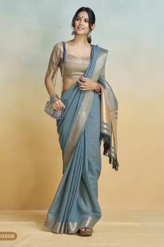 blue handloom khadi silk blend zari woven saree with blouse piece