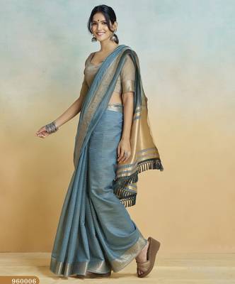 blue handloom khadi silk blend zari woven saree with blouse piece 4