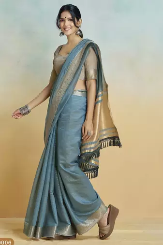 blue handloom khadi silk blend zari woven saree with blouse piece