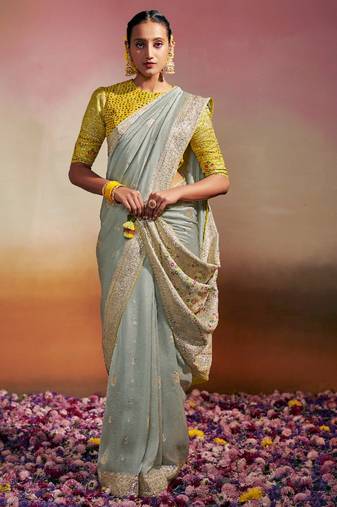 grey viscose dola minakari pallu saree with fancy blouse piece