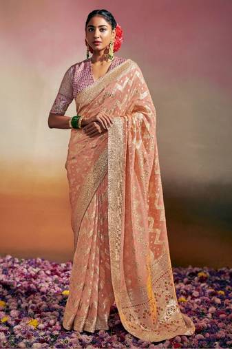 peach viscose dola minakari pallu saree with fancy blouse piece