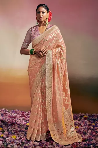 peach viscose dola minakari pallu saree with fancy blouse piece