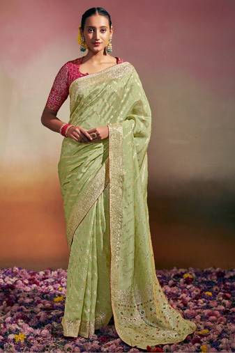olive viscose dola minakari pallu saree with fancy blouse piece
