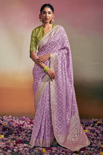lavender viscose dola minakari pallu saree with fancy blouse piece
