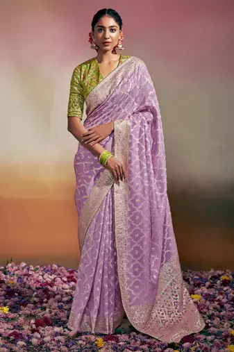 lavender viscose dola minakari pallu saree with fancy blouse piece