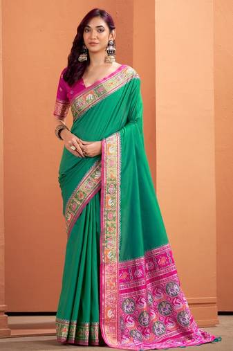 green silk blend zari weaving patola saree with blouse