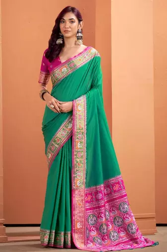 green silk blend zari weaving patola saree with blouse