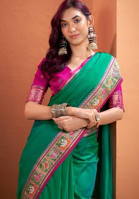 green silk blend zari weaving patola saree with blouse 2