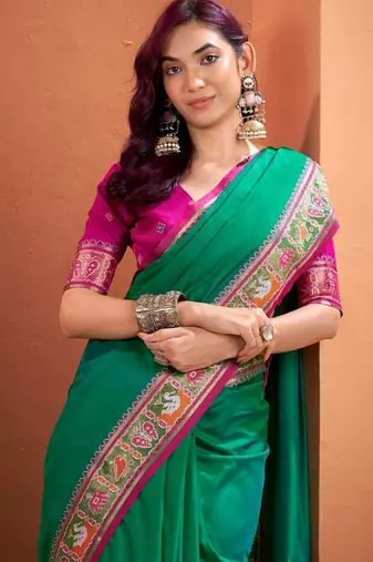 green silk blend zari weaving patola saree with blouse