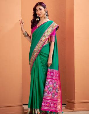 green silk blend zari weaving patola saree with blouse 3