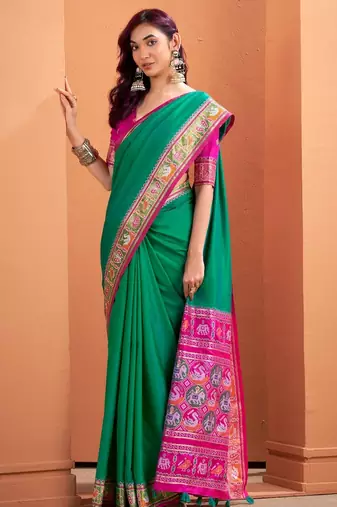 green silk blend zari weaving patola saree with blouse
