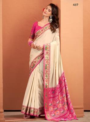 beige silk blend zari weaving patola saree with blouse 1
