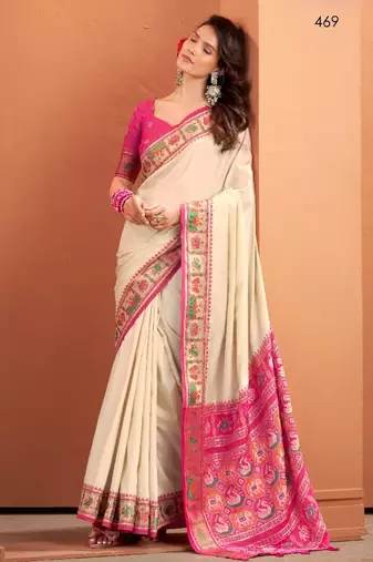 beige silk blend zari weaving patola saree with blouse
