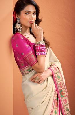 beige silk blend zari weaving patola saree with blouse 2