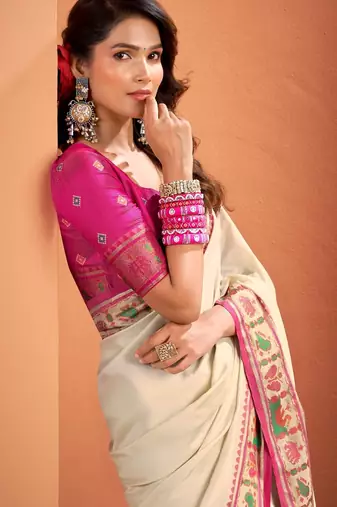 beige silk blend zari weaving patola saree with blouse