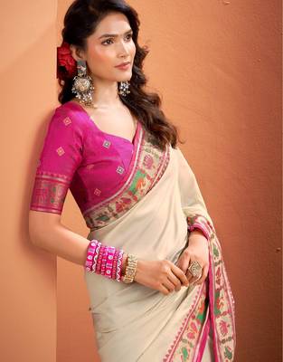 beige silk blend zari weaving patola saree with blouse 3