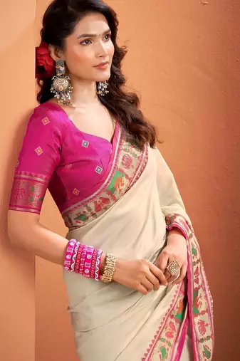 beige silk blend zari weaving patola saree with blouse
