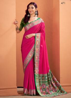 magenta silk blend zari weaving patola saree with blouse 1
