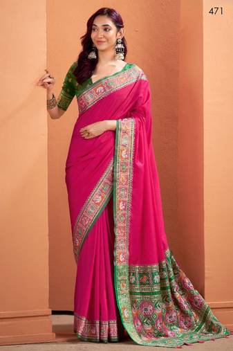 magenta silk blend zari weaving patola saree with blouse
