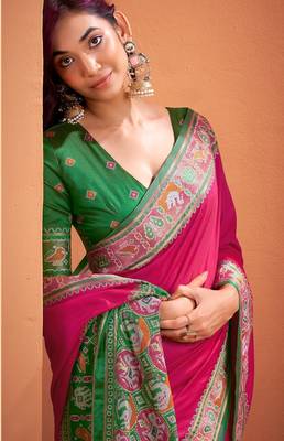 magenta silk blend zari weaving patola saree with blouse 2
