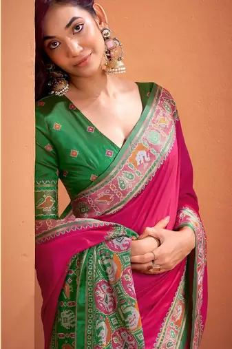 magenta silk blend zari weaving patola saree with blouse