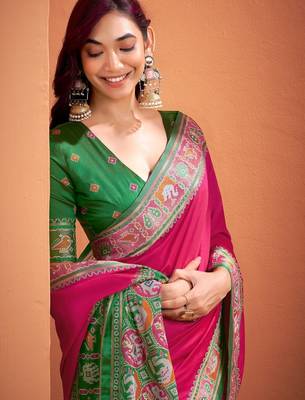magenta silk blend zari weaving patola saree with blouse 3