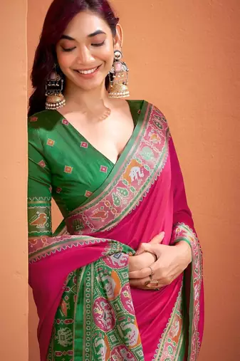 magenta silk blend zari weaving patola saree with blouse