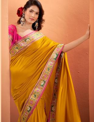 yellow silk blend zari weaving patola saree with blouse 1