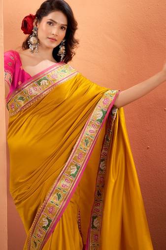 yellow silk blend zari weaving patola saree with blouse