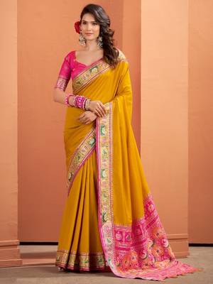 yellow silk blend zari weaving patola saree with blouse 2