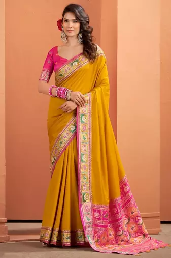 yellow silk blend zari weaving patola saree with blouse