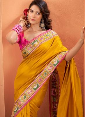 yellow silk blend zari weaving patola saree with blouse 3