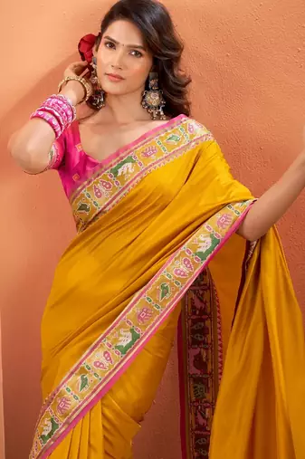yellow silk blend zari weaving patola saree with blouse