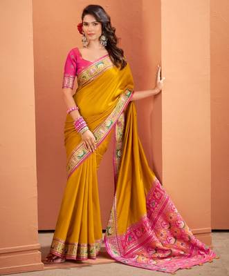 yellow silk blend zari weaving patola saree with blouse 4