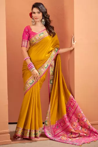 yellow silk blend zari weaving patola saree with blouse