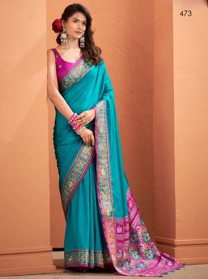 teal silk blend zari weaving work saree with blouse 1