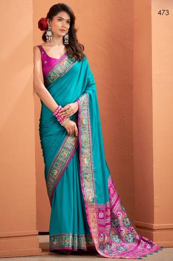 teal silk blend zari weaving work saree with blouse