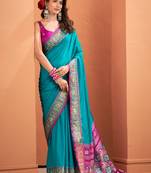 teal silk blend zari weaving work saree with blouse