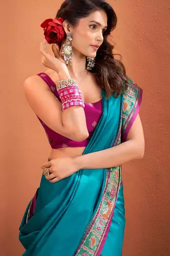 teal silk blend zari weaving work saree with blouse