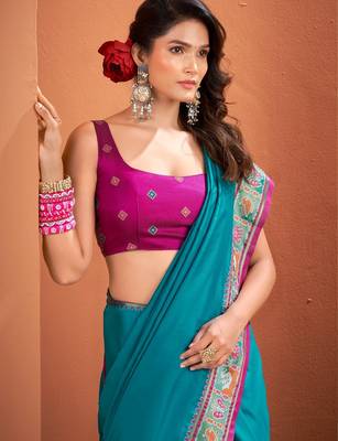 teal silk blend zari weaving work saree with blouse 3