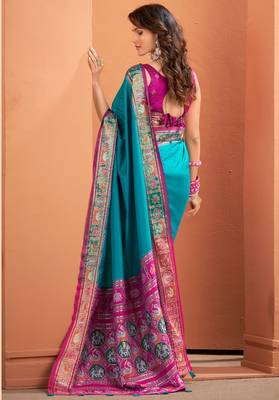 teal silk blend zari weaving work saree with blouse 4
