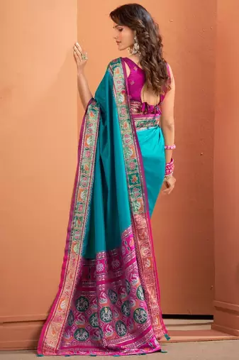 teal silk blend zari weaving work saree with blouse