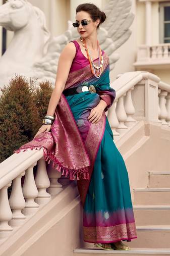 teal silk blend zari weaving work saree with blouse