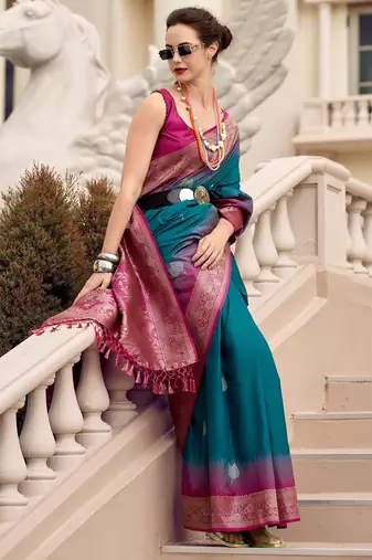 teal silk blend zari weaving work saree with blouse
