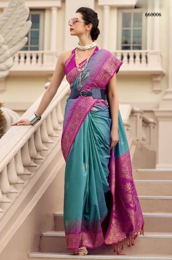 blue silk blend zari weaving work saree with blouse