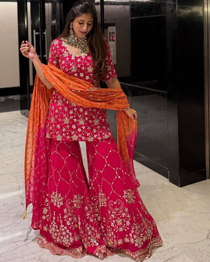Heavy Georgette Sequins Work Sharara set With Dupatta Beautiful Kurti Set Wedding Wear Dress
